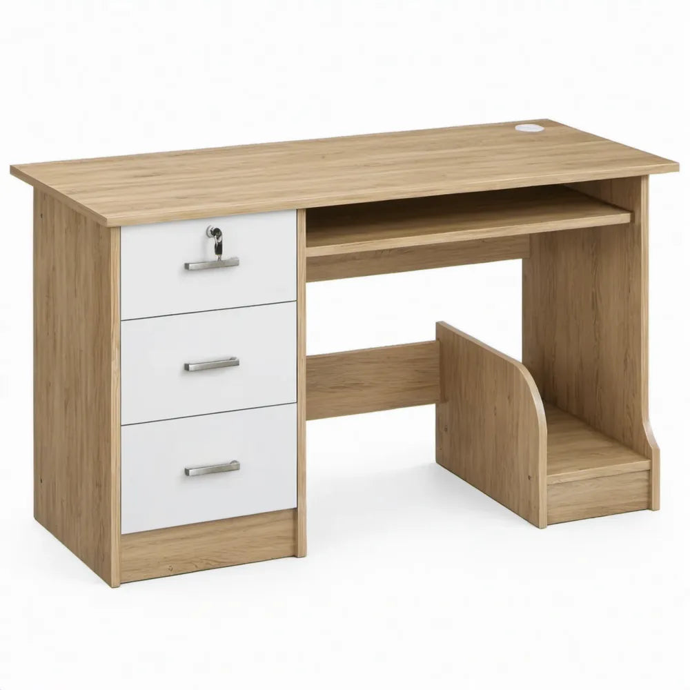 Eikenkleurig en wit met 3 lades, open vak en kabeldoorvoer, 120 x 60 x 75 cm