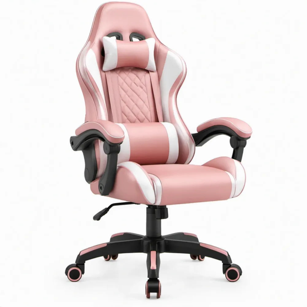 Roze/Witte Gamingstoel van PU-kunstleer met Hoofd- en Lendenkussen, 65 x 65 x 118-128 cm