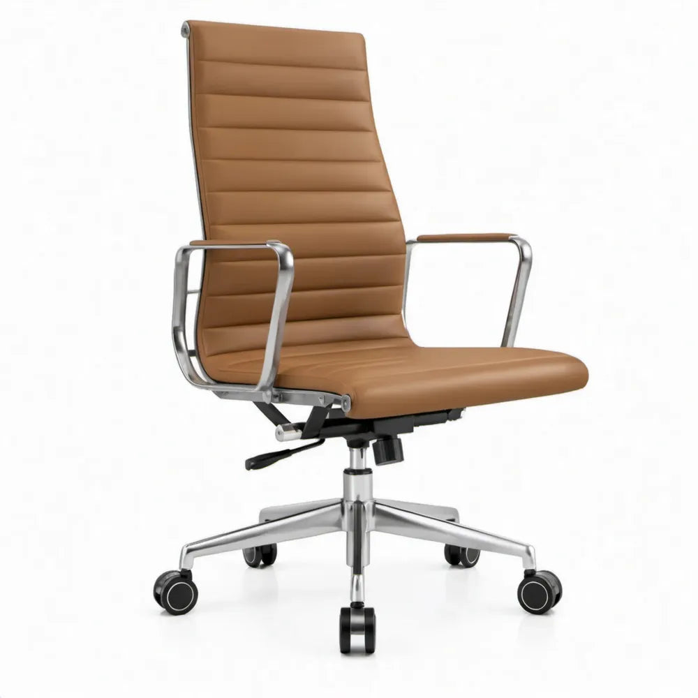 Bureaustoel met hoge rugleuning, verstelbare zithoogte, bruin PU-kunstleer en verchroomd staal, 68 x 68 x 110-118 cm