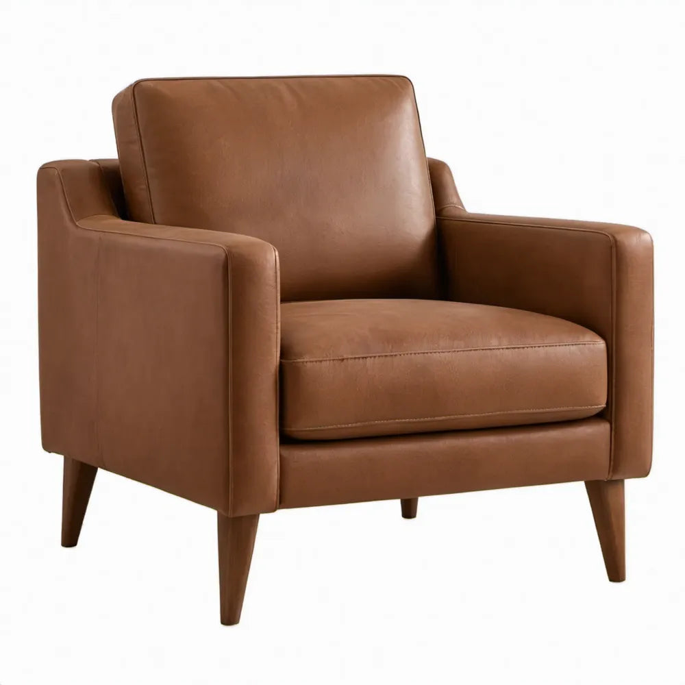 Cognacbruine fauteuil van PU-kunstleer met donkerbruine rubberhouten poten, 84 x 85 x 88 cm