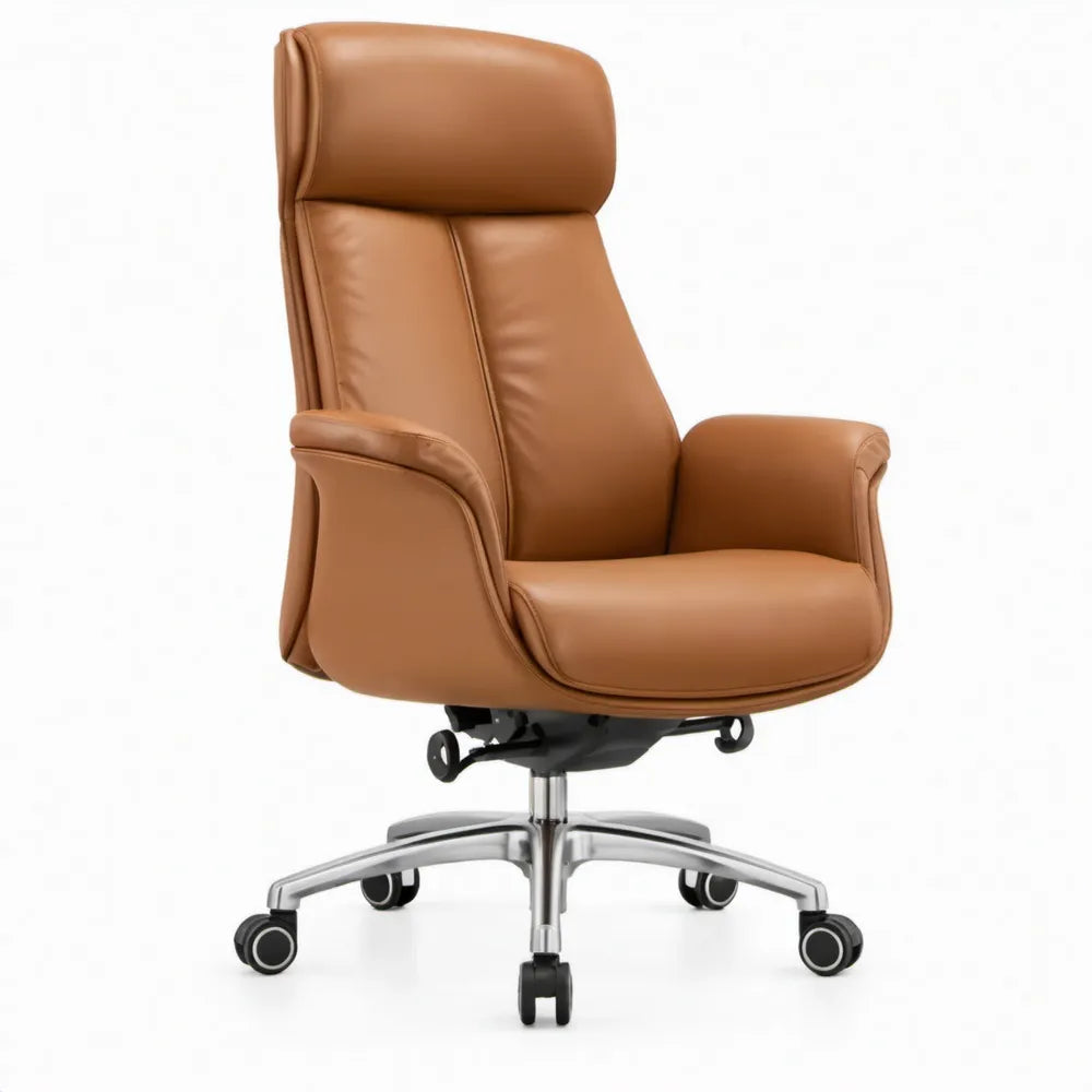 Cognacbruine directiestoel van PU-kunstleer met hoge rugleuning, 68 x 70 x 118-128 cm