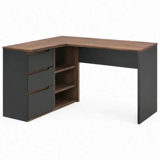 L-vormig hoekbureau 120 x 120 x 75 cm met 3 lades en 3 open vakken – Donkerbruin/Antraciet