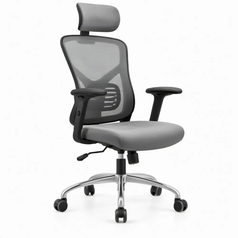 Ergonomische bureaustoel met hoofdsteun, grijs/zwart/zilver, 64 x 64 x 118-128 cm