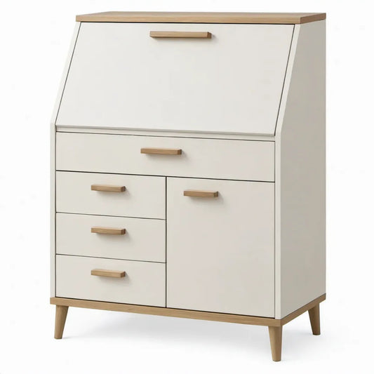 Secretaire met uitklapbaar schrijfblad, 4 lades en 1 deur – 80 x 40 x 110 cm – Wit/Naturel