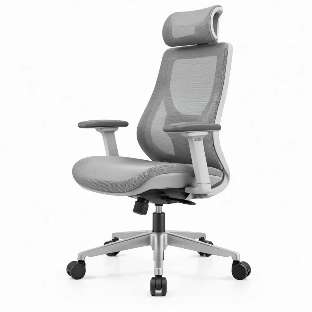 Ergonomische bureaustoel met verstelbare hoofdsteun en armleuningen, grijs/zwart, 66 x 66 x 118-128 cm