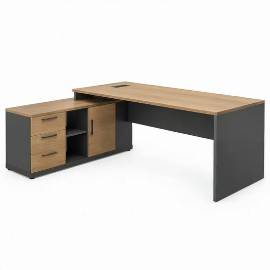 Hoekbureau met 3 laden, kast en kabeldoorvoer, 180 x 160 x 75 cm, eikenkleurig/antraciet