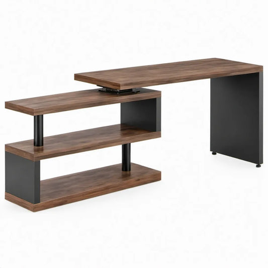 Draaibaar hoekbureau met 2 open opbergplanken, 160 x 120 x 75 cm, walnootbruin/zwart