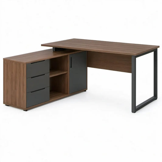 Hoekbureau 160 x 140 x 75 cm met 3 lades en schuifdeur – Walnootbruin/Antraciet/Zwart