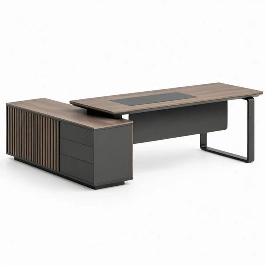 L-vormig directiebureau met 3 laden en schrijfmat, 200 x 180 x 75 cm, walnootbruin/antraciet/zwart/grijs