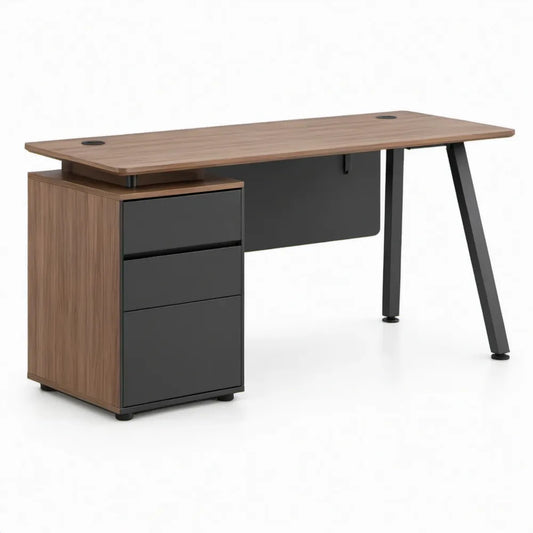 Bureau met 3 laden, kabeldoorvoeren en A-poten 160 x 70 x 75 cm walnootkleurig/zwart