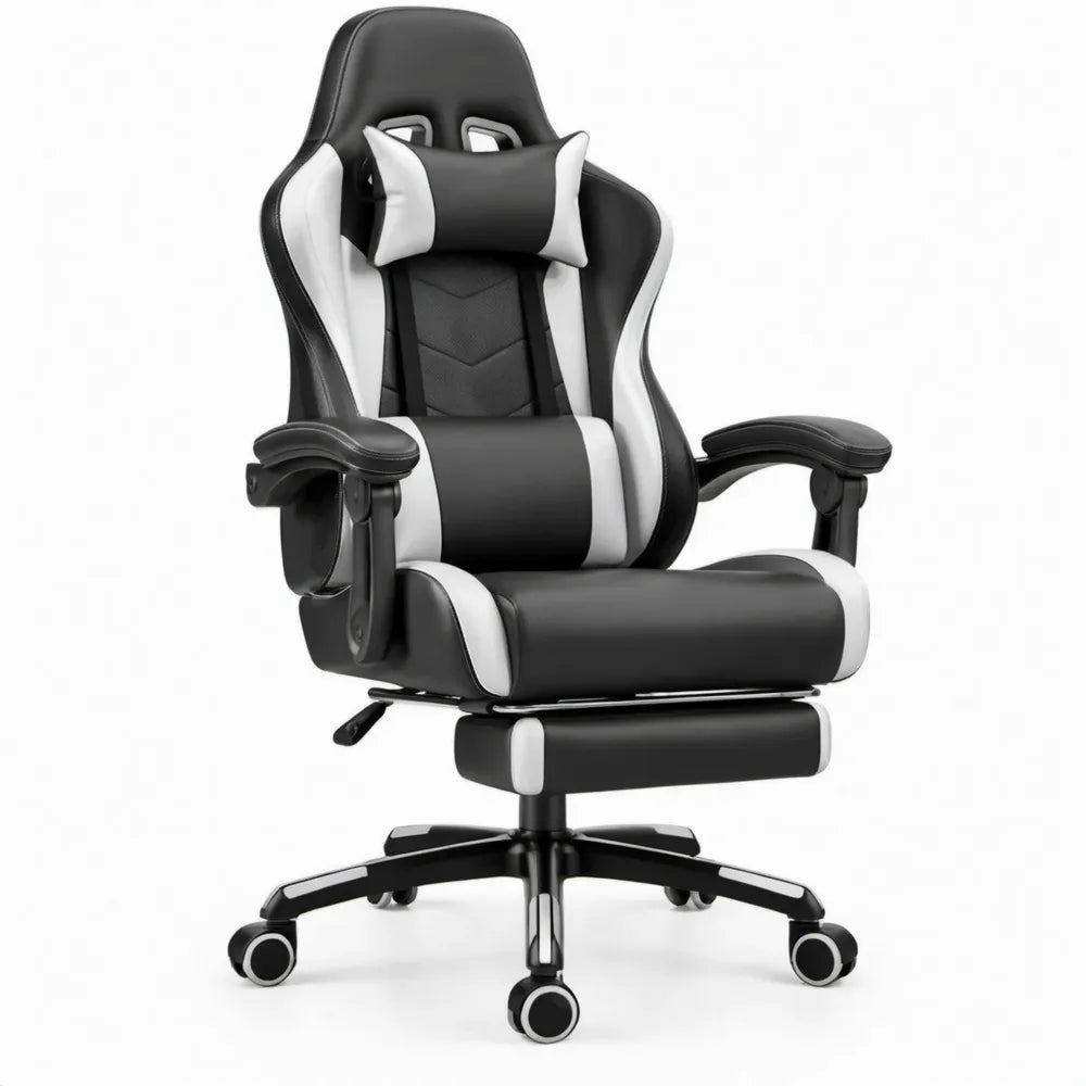Ergonomische verstelbare gamingstoel van PU-kunstleer, zwart/wit, 122-132 x 68 x 70 cm