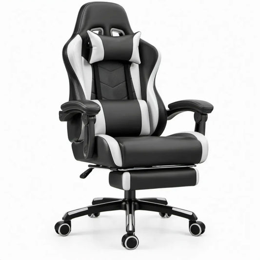 Ergonomische verstelbare gamingstoel van PU-kunstleer, zwart/wit, 122-132 x 68 x 70 cm