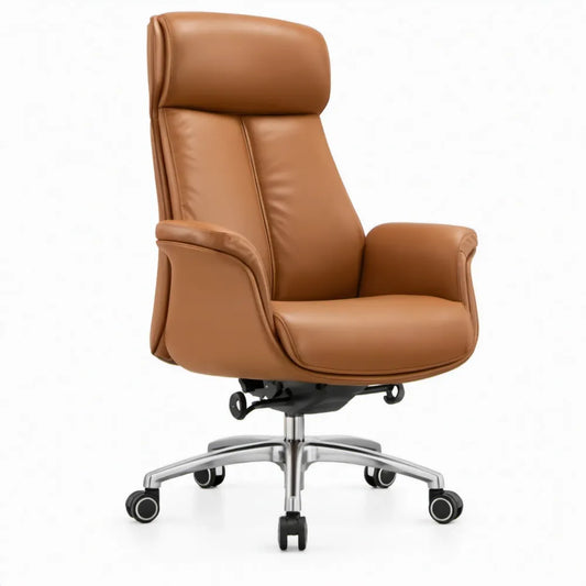 Cognacbruine directiestoel van PU-kunstleer met hoge rugleuning, 68 x 70 x 118-128 cm