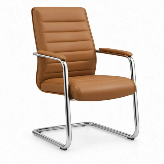 Bureaustoel met armleuningen, PU-kunstleer en verchroomd stalen sledeframe, 64 x 70 x 102 cm, cognacbruin