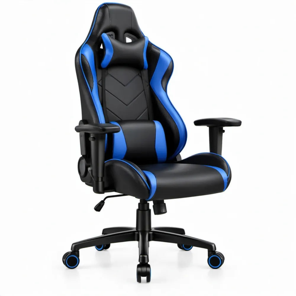 Verstelbare gamingstoel zwart/blauw van PU-kunstleer met hoofdsteun en lendenkussen, 65 x 65 x 125-135 cm