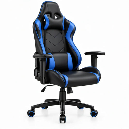 Verstelbare gamingstoel zwart/blauw van PU-kunstleer met hoofdsteun en lendenkussen, 65 x 65 x 125-135 cm