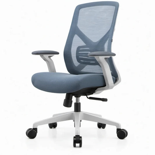 Ergonomische bureaustoel blauwgrijs met mesh rugleuning, lendensteun en armleggers, 65 x 65 x 107-117 cm