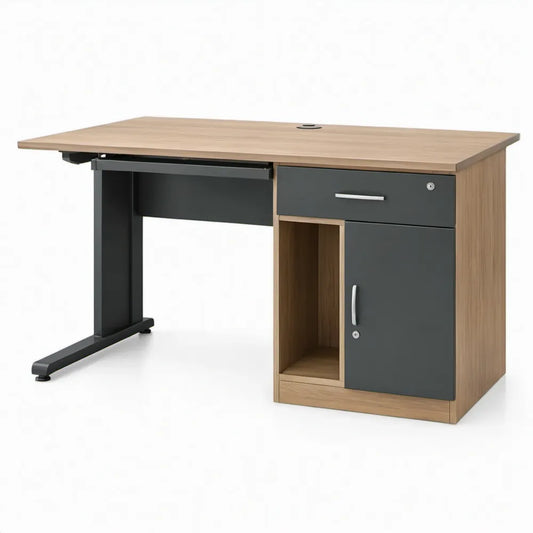 Bureau 120 x 60 x 74 cm met afsluitbare lade, kastdeur en toetsenbordlade - Eikenkleurig/Antraciet