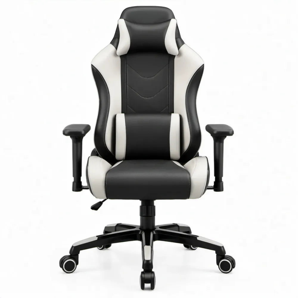 Verstelbare gamingstoel met hoofd- en lendenkussen, zwart/wit, 66 x 65 x 123-133 cm