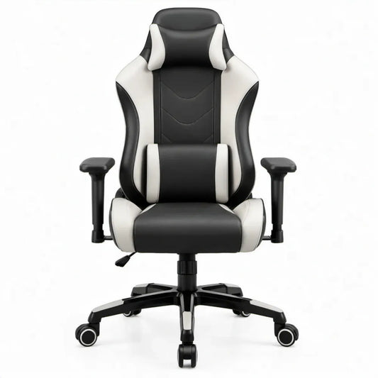 Verstelbare gamingstoel met hoofd- en lendenkussen, zwart/wit, 66 x 65 x 123-133 cm