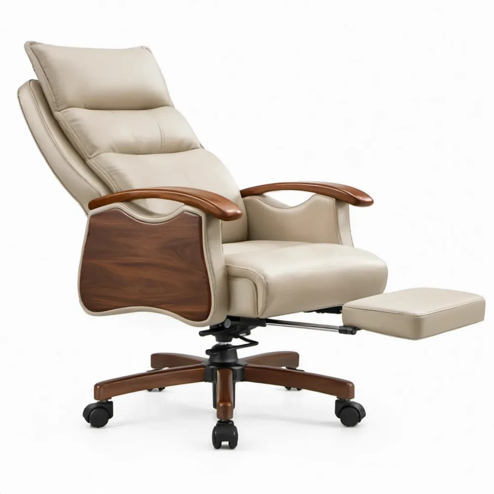 Directiestoel met uitschuifbare voetensteun, 68 x 70 x 112-120 cm, beige/bruin