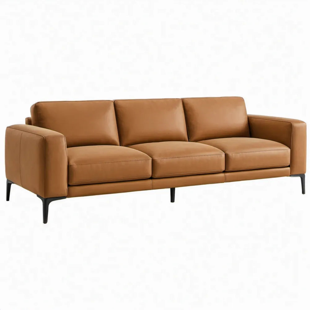 3-zitsbank van cognac PU-kunstleer met zwarte stalen poten, 220 x 90 x 85 cm