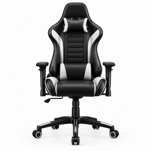 Ergonomische gamingstoel met hoge rugleuning, verstelbare armleuningen en kussens, zwart/wit, 65 x 65 x 125-135 cm