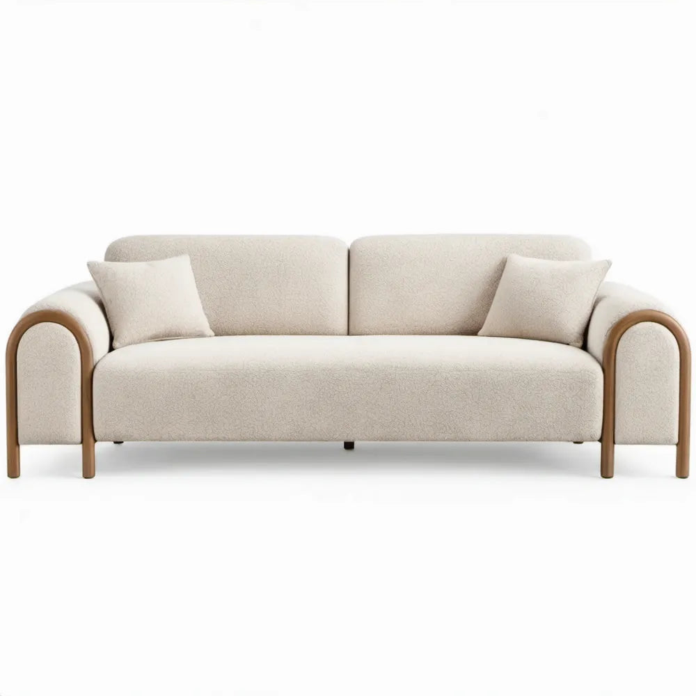 Driezitsbank 220 x 92 x 78 cm in crèmekleurige bouclé met bruin frame van massief rubberhout