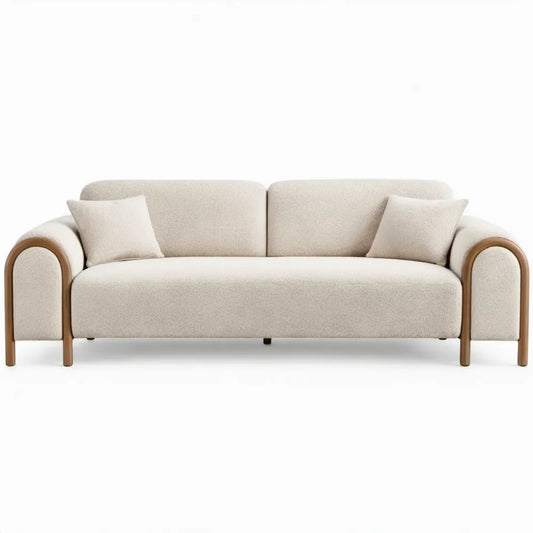Driezitsbank 220 x 92 x 78 cm in crèmekleurige bouclé met bruin frame van massief rubberhout