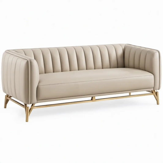 3-zitsbank van beige PU-kunstleer met goudkleurig stalen onderstel, 210 x 85 x 78 cm
