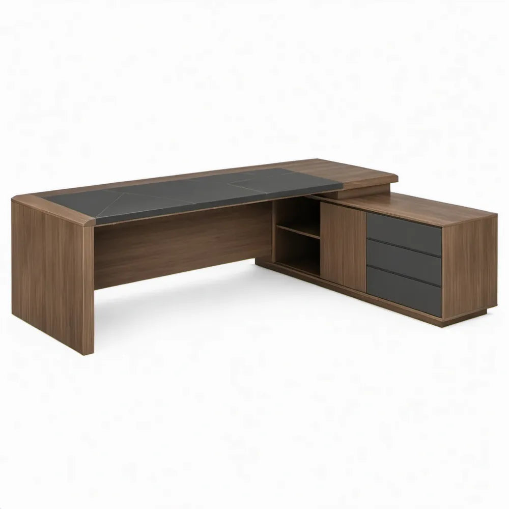 L-vormig bureau met opbergkast, 3 lades en 2 open vakken, 180 x 160 x 75 cm, walnootbruin/zwart