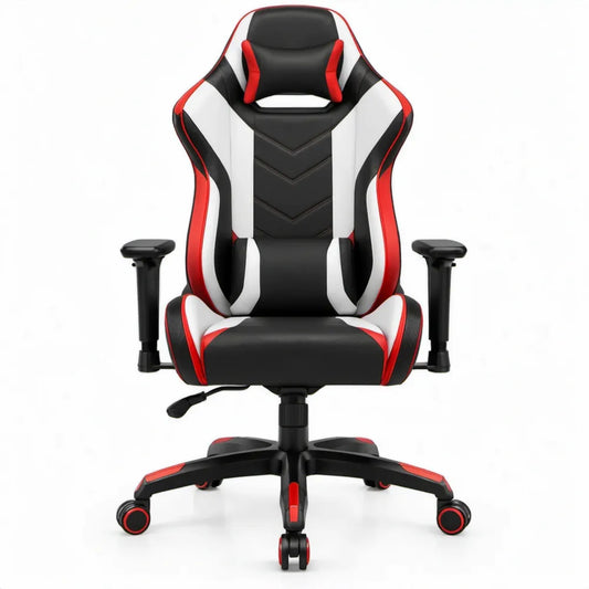 Ergonomische gamingstoel zwart/wit/rood met hoge rugleuning, verstelbare armleuningen en hoofdsteun, 65 x 65 x 123-133 cm