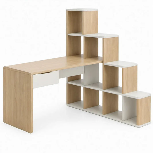 Bureau met getrapte open opbergruimte 140 x 60 x 150 cm Licht eiken/Wit